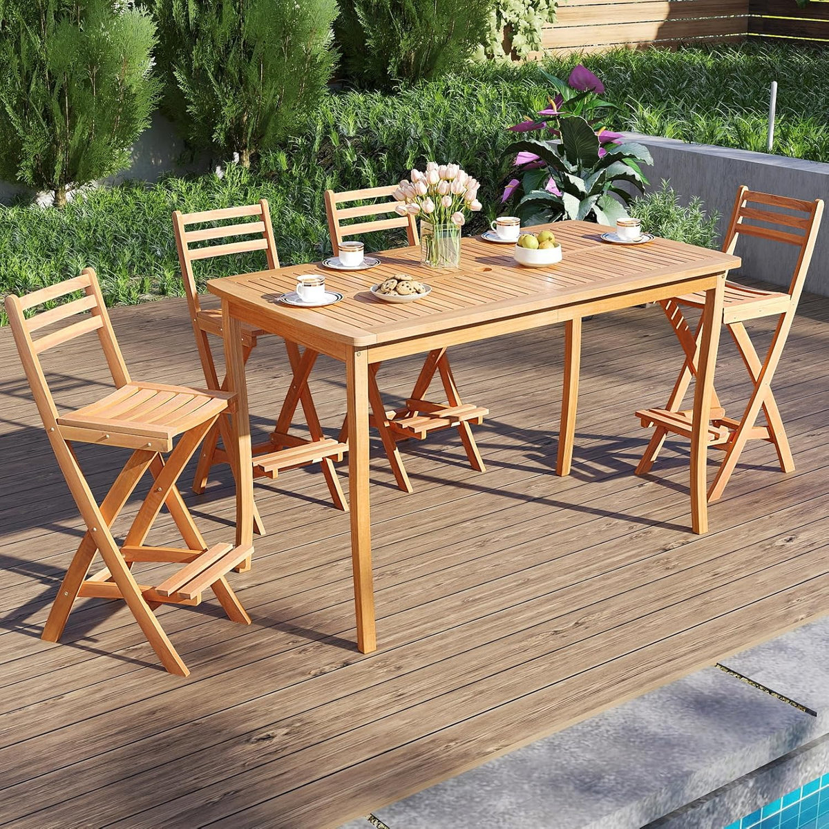 Tangkula Patio Folding Barstool Set of 2, Outdoor Portable High Top Acacia Wood Bar Height Chair with Backrest & Footrest,for Backyard, Garden, Front Porch
