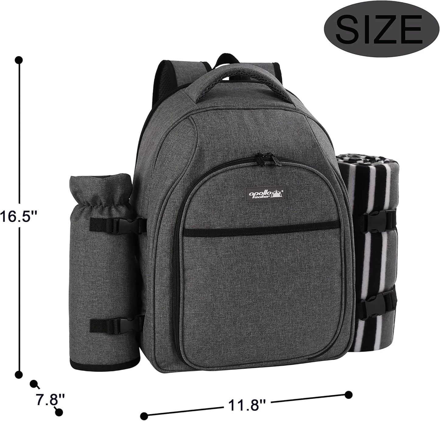 apollo walker Picnic Backpack Bag for 2 Person with Cooler Compartment, Detachable Bottle/Wine Holder, Fleece Blanket, Plates and Cutlery Set (2Person,Grey)