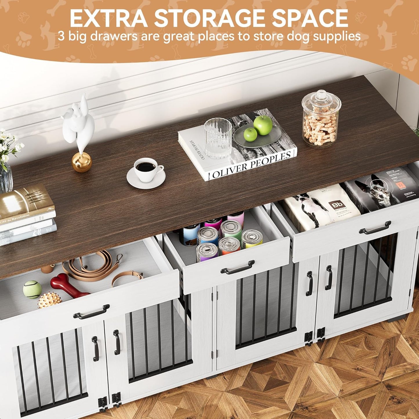71 in Dog Crate Furniture for 2 Dogs, Wooden Double Dog Crate with 3 Drawers and Removable Room Divider, XXL Indoor Dog Kennel TV Stand End Table with Double Doors for Large Medium Dogs, White