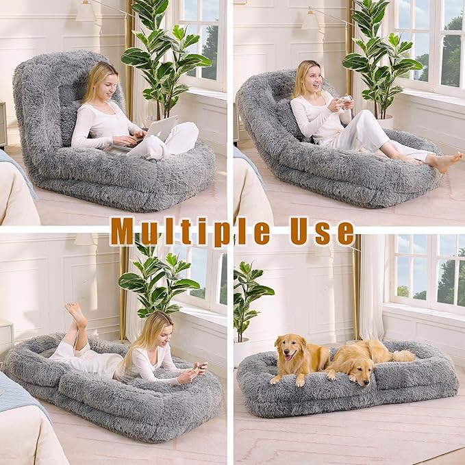 Adjustable 5-Position Human Dog Bed for People, Big Comfy Plush Floor Gaming Lazy Sofa Chair with Pillows & Back Support, Foldable Lounge Loveseat Couch for Living Room Bedroom (Light Gray)