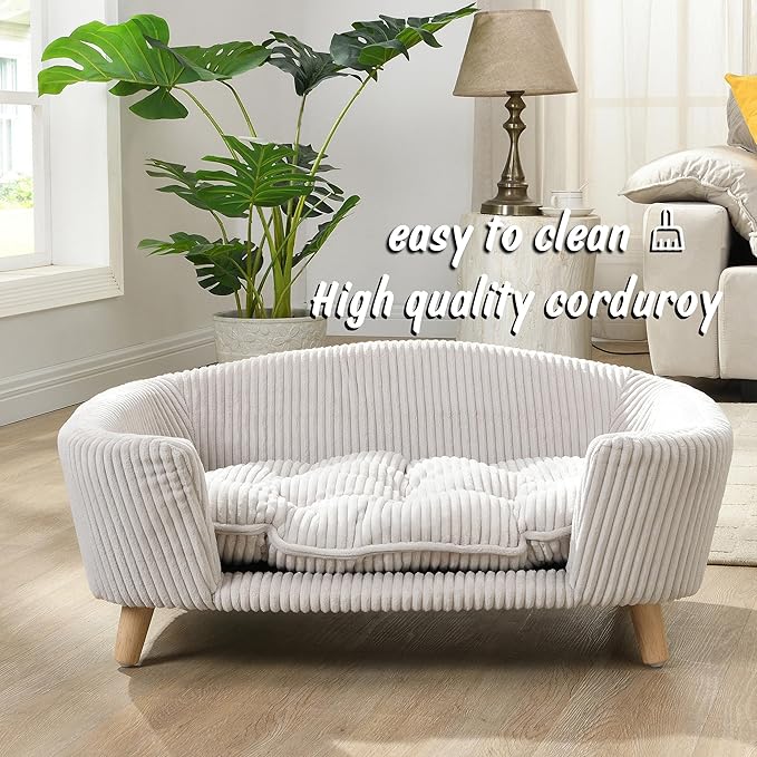 30''inch Bed Frame for Large Dogs, Modern Pet Sofa, Elevated Dog Couch Bed with Wooden Legs, Oval Small Dog Bed, Cozy Tufted Cushion Pet Furniture (Beige)