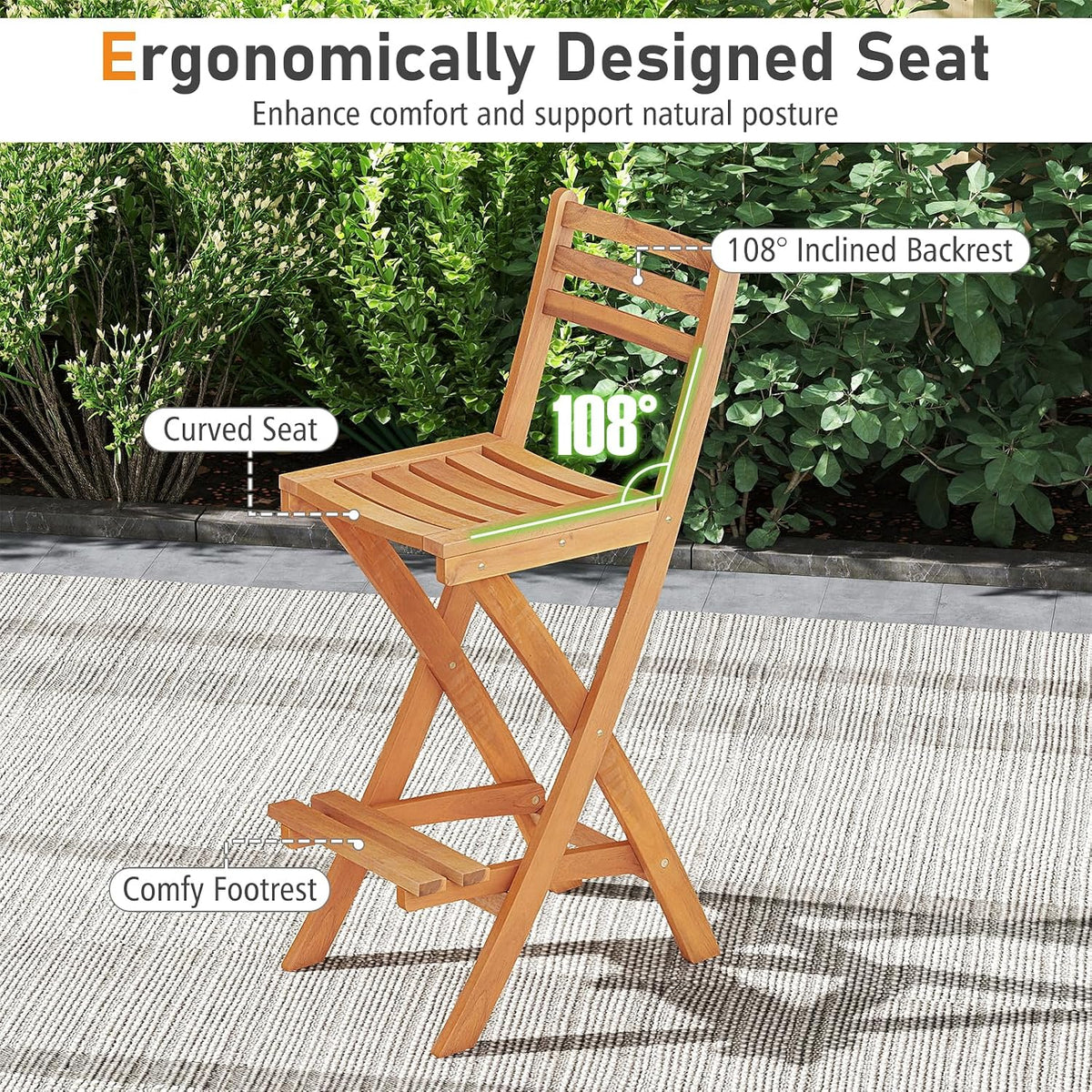 Tangkula Patio Folding Barstool Set of 2, Outdoor Portable High Top Acacia Wood Bar Height Chair with Backrest & Footrest,for Backyard, Garden, Front Porch