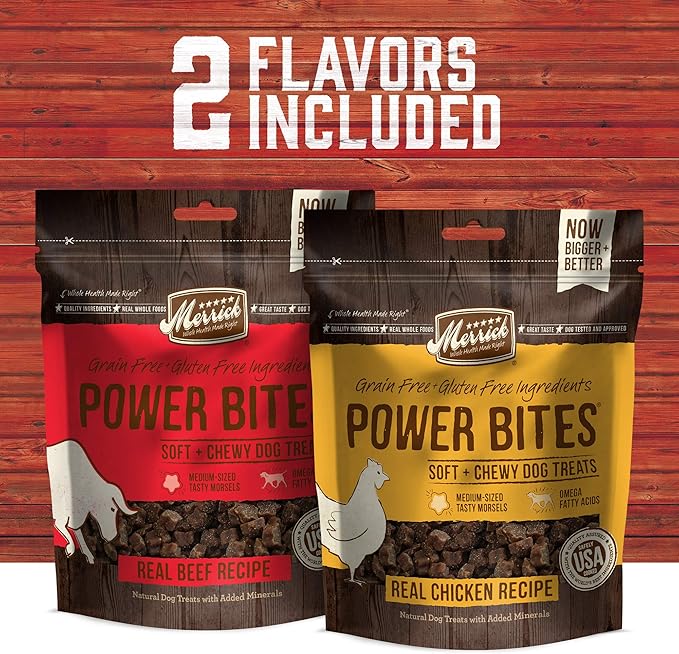Merrick Power Bites Grain Free Dog Treats, 2 Flavors (Chicken & Real Texas Beef) Bundle Pack