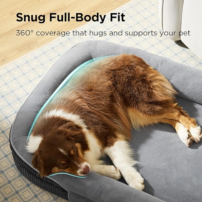 Bedsure L Plus Orthopedic Dog Beds Large Sized Dog - 360° Oval Bolster Large Dogs Bed for Senior Dogs with Waterproof Washable Cover, Big Comfort Pet Sofa Couch with Ultra-Soft Fleece, Grey, 38"