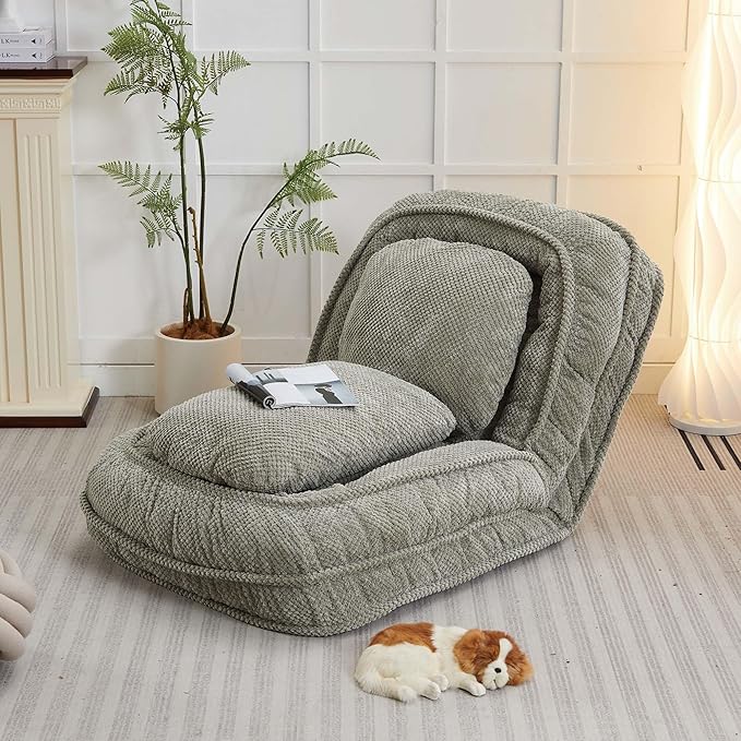 Human Dog Bed for Adult and Kids, Comfy Foldable Lazy Floor Sofa Bed with 5 Adjustable Position, Grey Upholstered Floor Bean Bag Lounger Chair for Bedroom, Living Room,Office (Green)