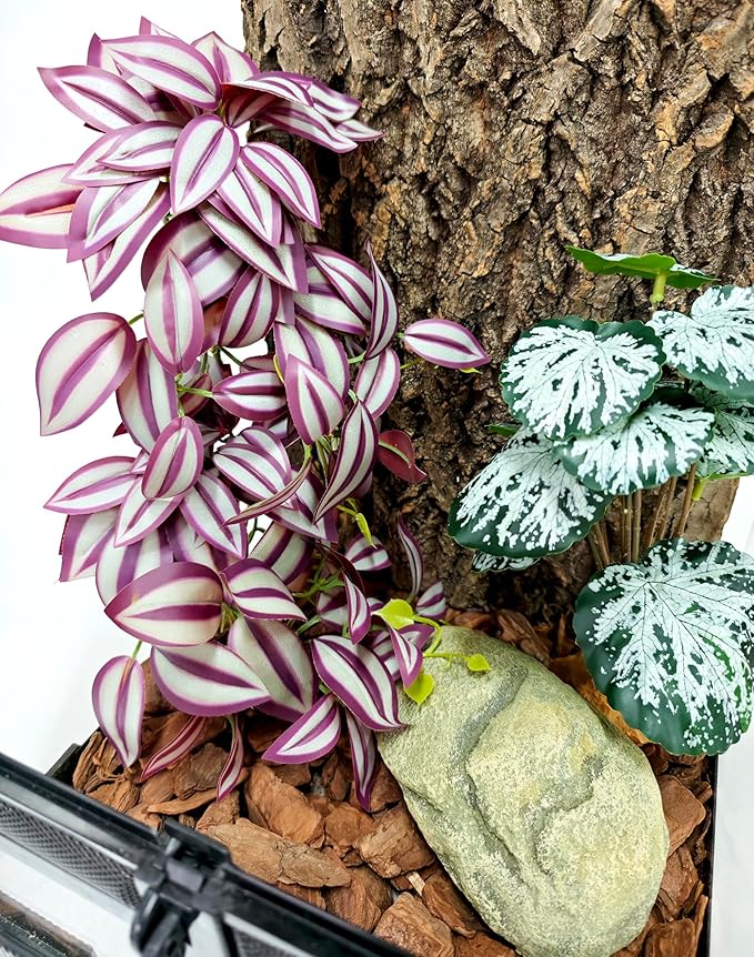 Woyrise 2 Pack Reptile Plants, Terrarium Hanging Plant Vines, Artificial Leaves with Suction Cup, Bearded Dragon Tank Accessories for Gecko Lizard Snake Frog Tortoise Decorations - Zebrina Purple