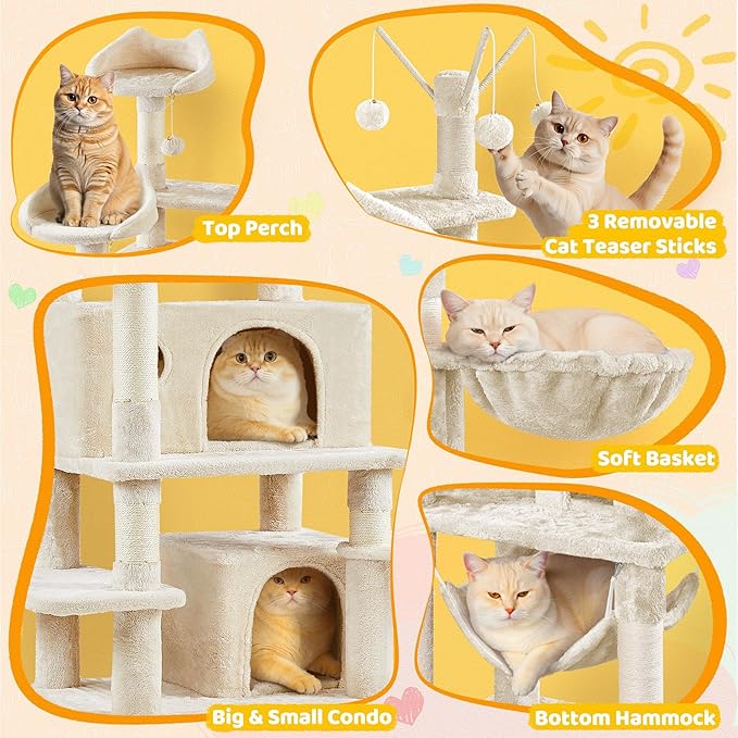 Yaheetech Cat Tree, 67in Large Tower w/ 3 Removable Teaser Sticks, 2 Kitten-Ear Shaped Perches, 2 Condos, Hammock, Scratching Post, Multi Level Pet House, Beige