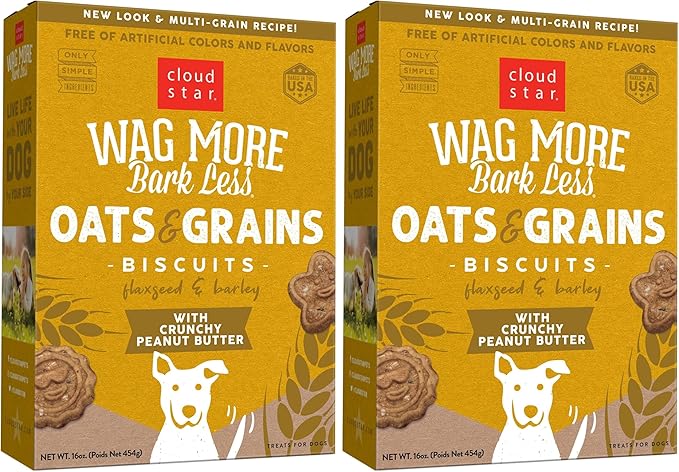 Cloud Star Wag More Bark Less Oats & Grains Crunchy Dog Treats, Peanut Butter, 16 oz. Box (Pack of 2)