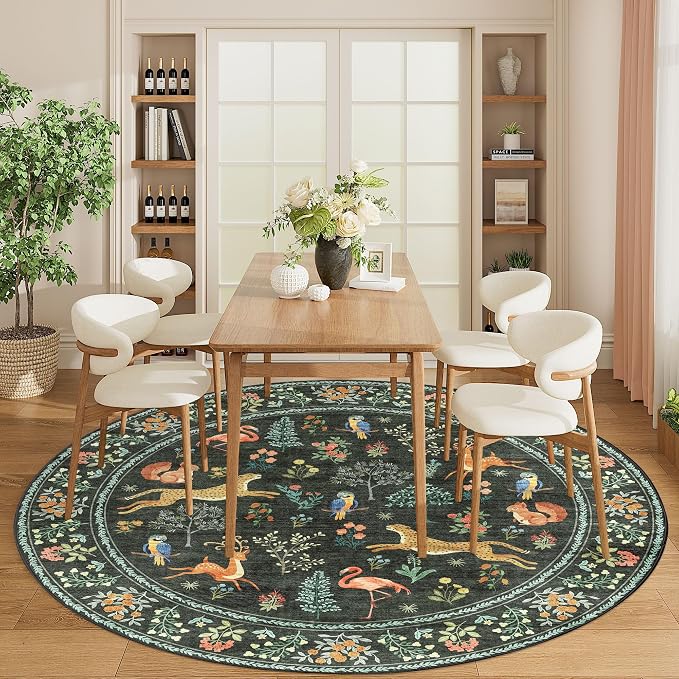 DUKINO 6ft Round Rug for Bedroom, Animal Print Washable Circle Rug