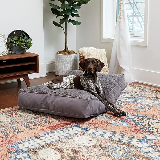 South Pine Porch Buddy Reversible Rectangle Pillow Style Microfiber and Sherpa Dog Bed with Removable, Machine-Washable Cover, Gray Sherpa, Medium (42 in. x 30 in.)