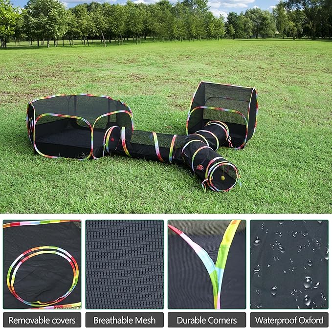 Outdoor Cat Enclosure with Cat Tunnel, Tent, Playhouse and Cat Toy Ball with Bell - Portable Indoor/Outdoor Playpen for Small Cats & Animals