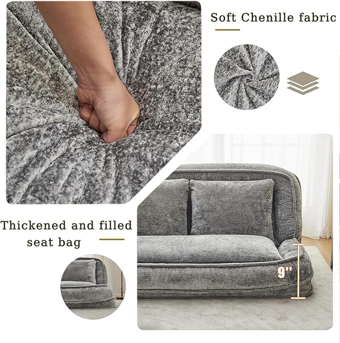 Double Human Dog Bed for Adult and Kids, Comfy Foldable Lazy Floor Loveseat Sofa Bed with 5 Adjustable Position, Upholstered Floor Bean Bag Lounger Chair for Bedroom, Living Room, Office (Gray .)
