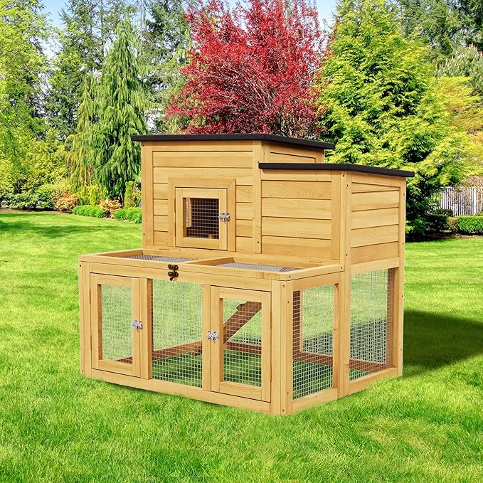 Large Wooden Bunny Rabbit Hutch Indoor Outdoor,Medium Elevated Chicken Coop for 2-4 Chickens,Poultry Pet Run Cage with Non-Slip Ramp & Removable Tray for Small-Medium Animals (Natural Wood)