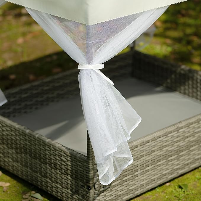 Outdoor Elevated Dog Bed with Curtain Canopy, Durable PE Wicker Pet Bed for Dogs and Cats, Patio Pet Furniture with Washable Cushion, Raised Pet Enclosure for Garden, Backyard & Indoor Use
