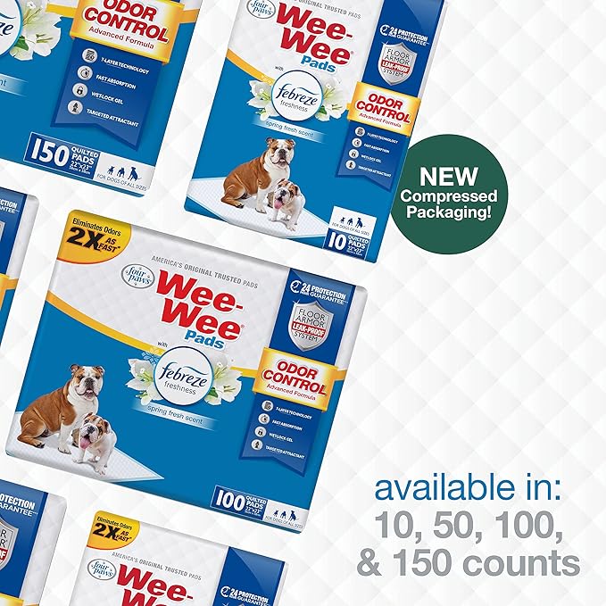 Four Paws Wee-Wee Odor Control with Febreze Freshness Pee Pads for Dogs & Puppies, Leak-Proof Dog Housebreaking Potty Training Floor Protection, Spring Fresh Scent, 28" x 30", 75 Count