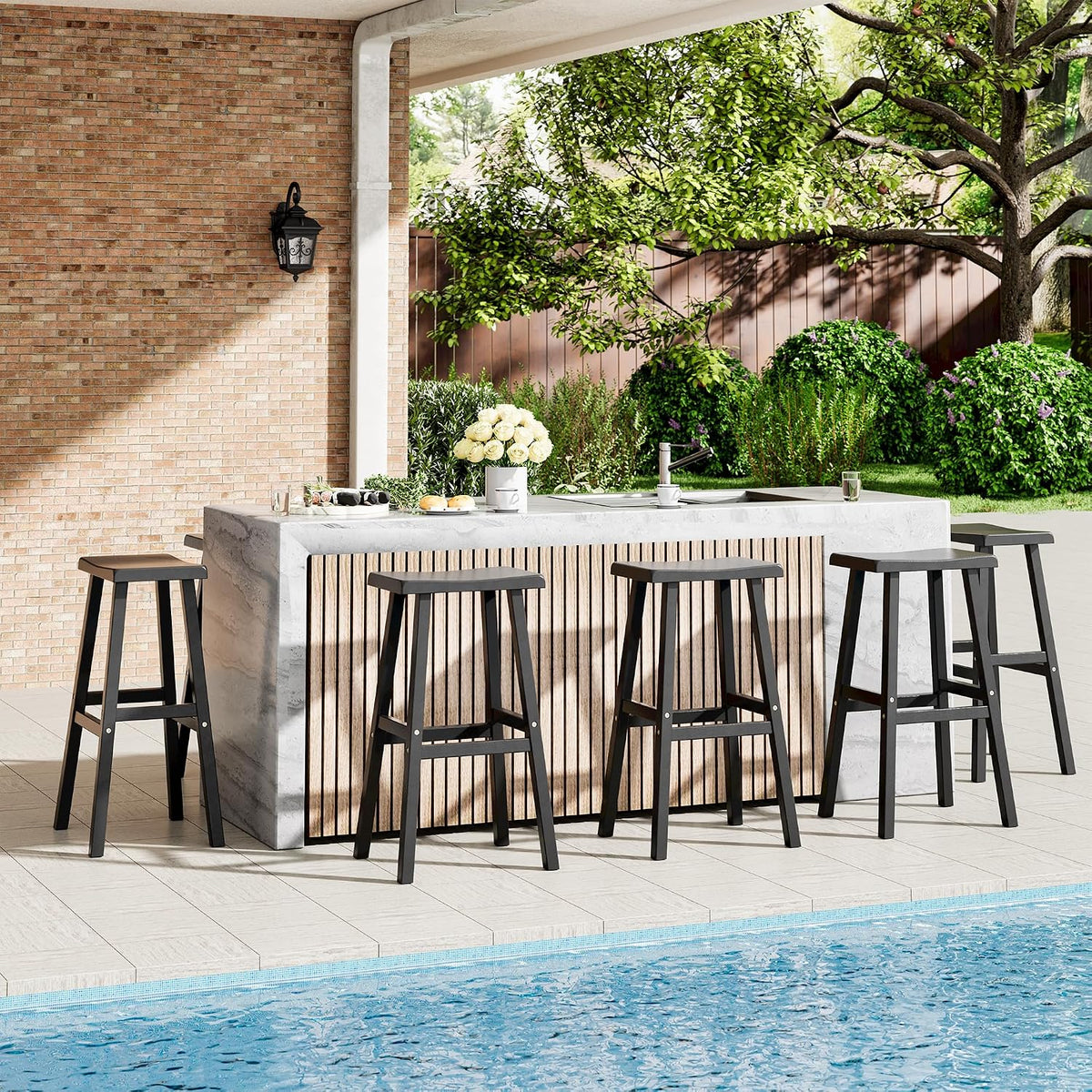 KAMABOKO 2 Set 29" HDPE Bar Stools Set Outdoor, Durable Resin Bar Chairs with Footrest, Weatherproof & Ergonomic Barstools for Patio, Deck & Poolside, Black