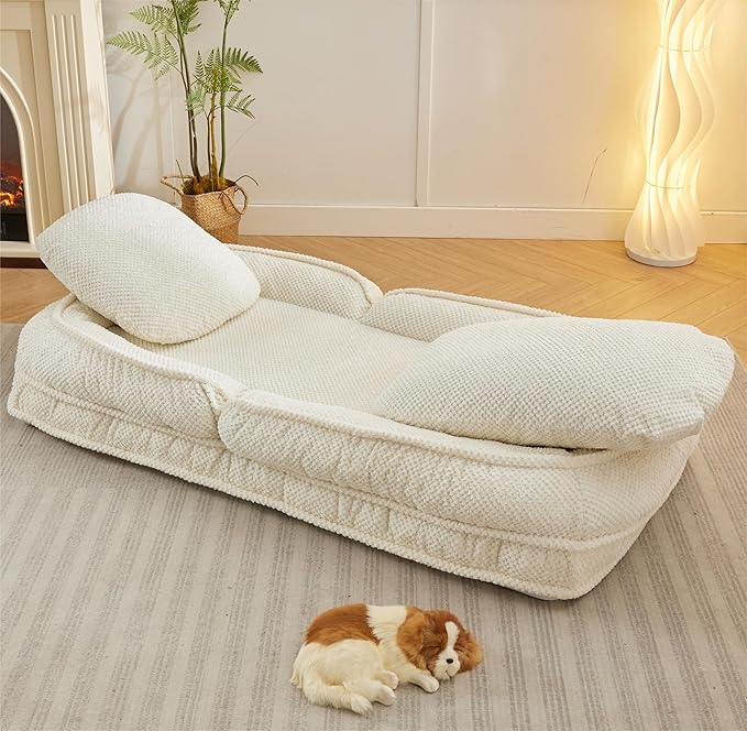 Human Dog Bed for Adult and Kids, Comfy Foldable Lazy Floor Sofa Bed with 5 Adjustable Position, White Upholstered Floor Bean Bag Lounger Chair for Bedroom, Living Room,Office (White.)