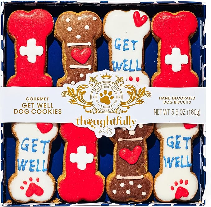Thoughtfully Pets, Get Well Dog Cookies Gift Set, Crunchy Dog Treats Includes Colorfully Hand Decorated Get Well Themed Biscuits to Brighten Their Day, Set of 8