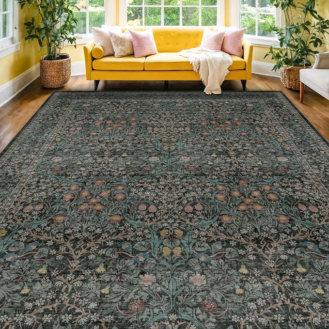 Washable Dark Green Rug for Living Room