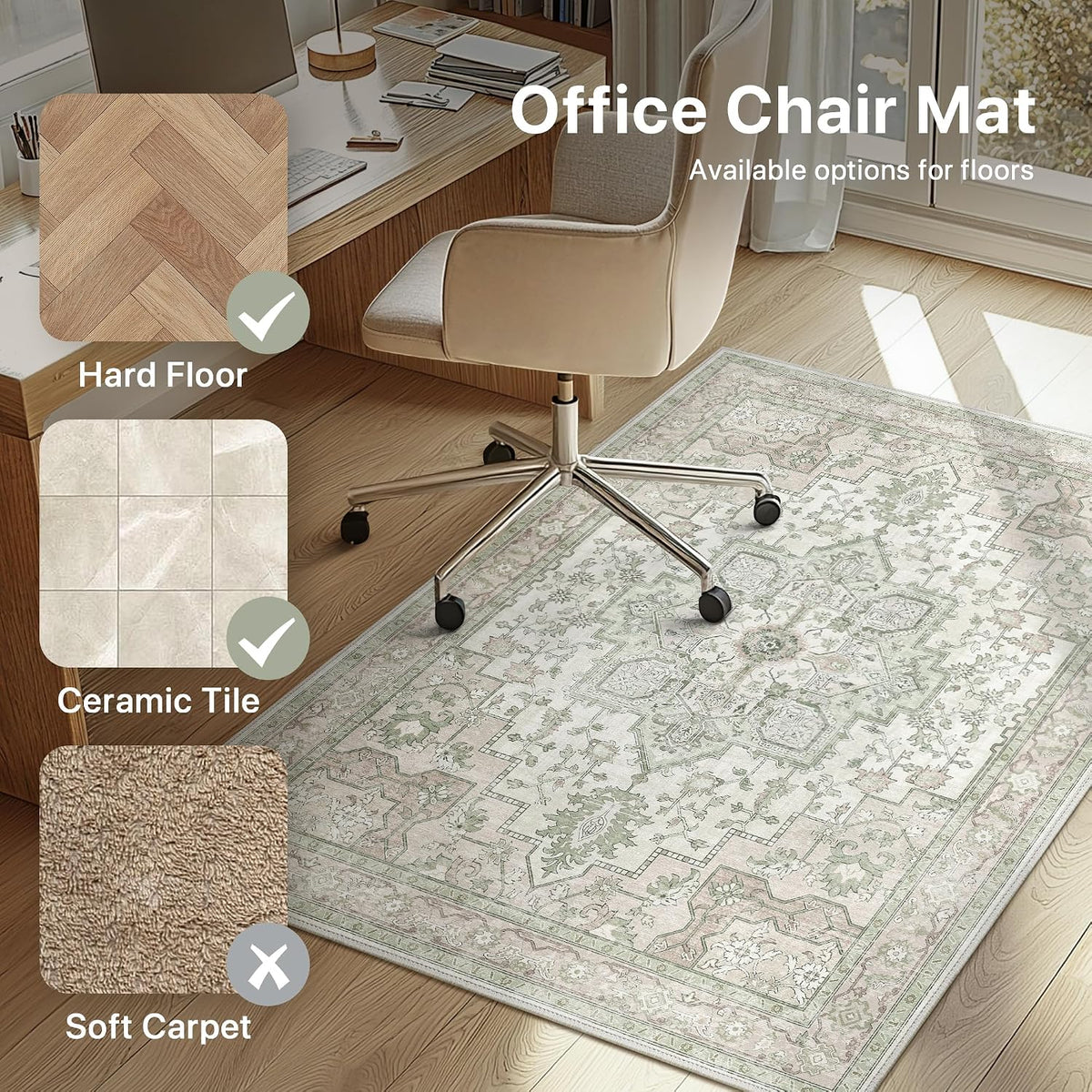 36"x48" Office Chair Mat for Hardwood Floor, Non-Slip Washable Mint