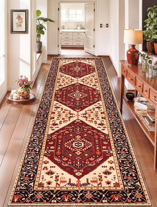 SERISSA Runner Rug for Hallways, Long Boho Rug Vintage Red Black Hallway Stair