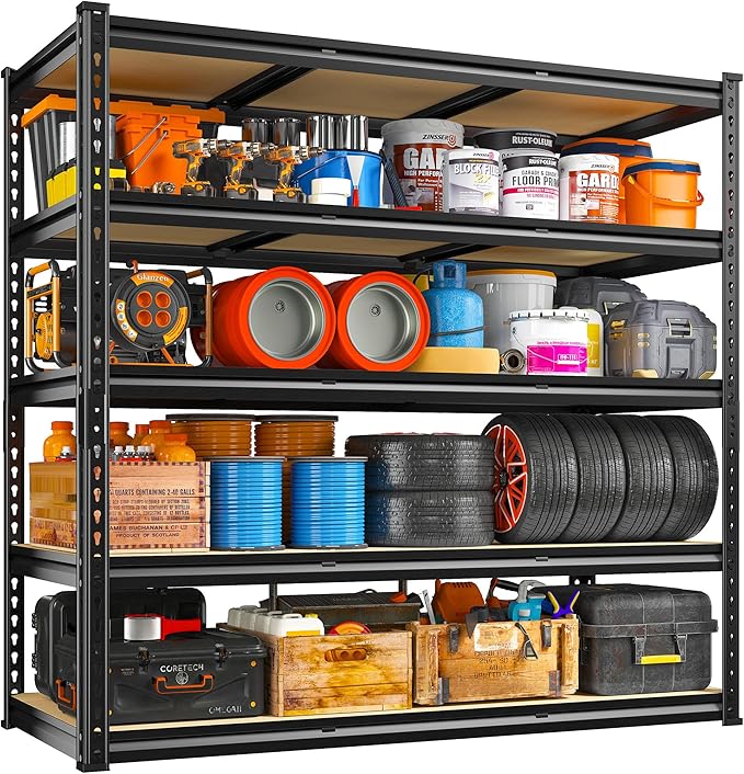 REIBII 48" W Garage Shelving Heavy Duty, 3000LBS Storage Shelves, 5-Tier Adjustable Metal Shelving, Garage Shelves Sturdy Industrial Shelf, Easy Assemble, 72" H x 48" W x 18" D