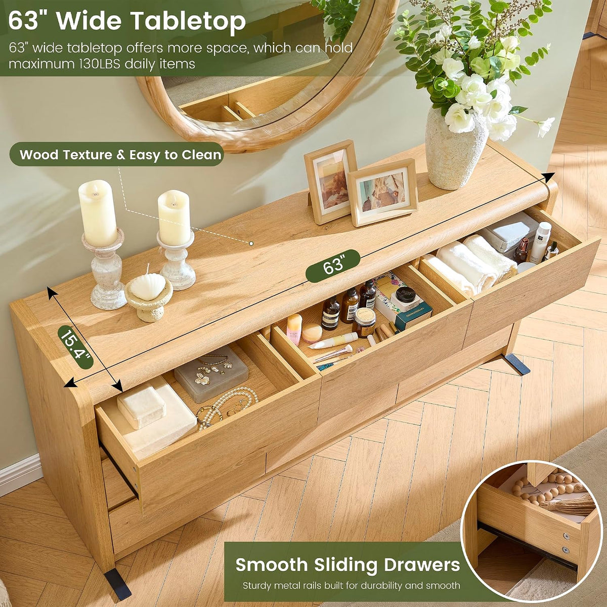 Modern 9 Drawers Dresser for Bedroom, 63” Wide Large Dressers & Chest of Drawers, Front Rounded Corner Handleless Design, Storage Dressers Organizer for Hallway, Living Room, Natural Color