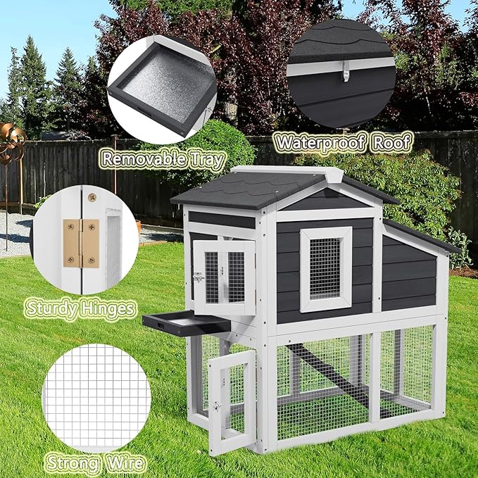 Chicken Coop Bunny Cage Outdoor with Waterproof Roof, Wooden Rabbit Hutch Poultry Cage with Nesting Box, Indoor Hen House Chicken Cage with Ramp for Garden Backyard