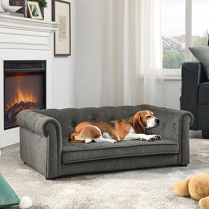 38.9" Elevated Dog Sofa with Button‑Tufted Backrest & Rolled Armrests, Pet Couch Bed with Removable Soft Cushion, Comfortable Upholstery Raised Dog Bed with Thick Padding for Living Room,Bedroom
