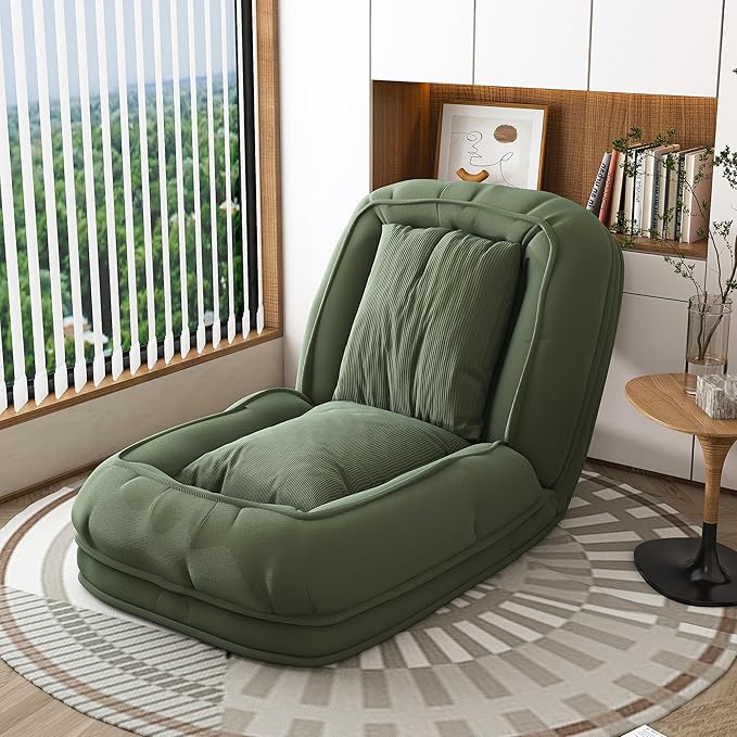 Adjustable 5-Position Human Dog Bed for People, Big Comfy Plush Floor Gaming Lazy Sofa Chair with Pillows & Back Support, Foldable Lounge Loveseat Couch for Living Room Bedroom (Green①)