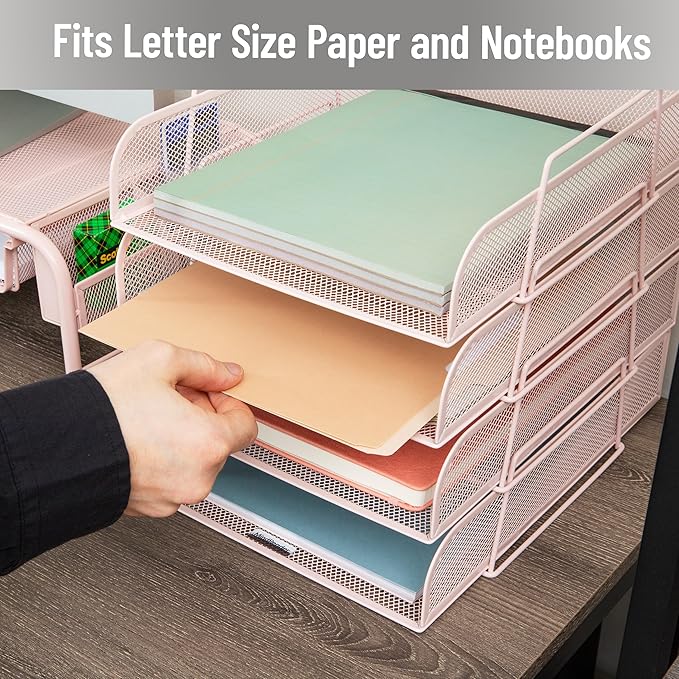 Mind Reader Stackable Paper Tray, Desktop Organizer, File Storage, Office, Metal Mesh, 10.5" L x 13.5" W x 11.25" H, 4 Pcs., Pink