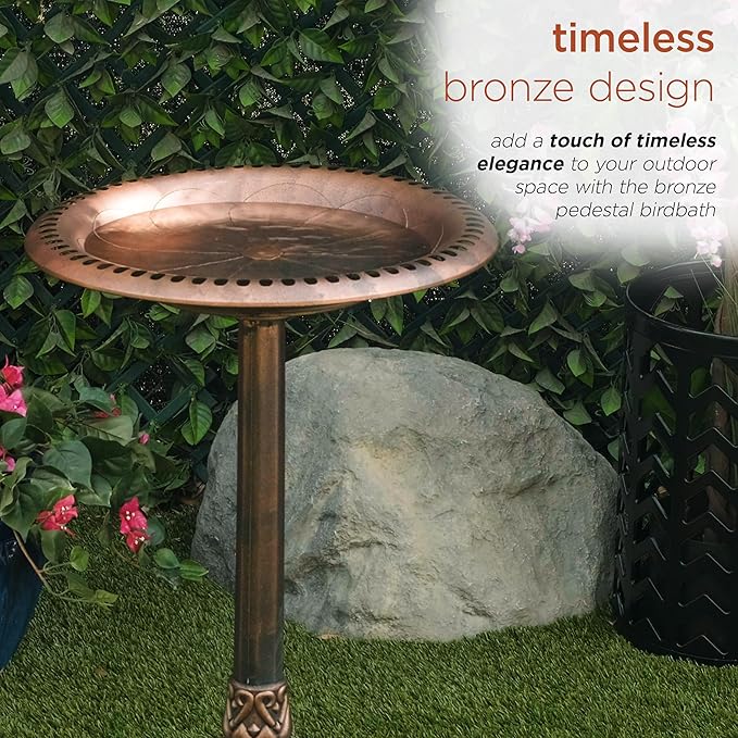 Alpine Corporation | 28" Bronze Outdoor Pedestal Birdbath with Scrollwork Base and Ground Stakes — Elegant Garden Décor, Durable Weather-Resistant Design for Lawn, Patio, or Yard