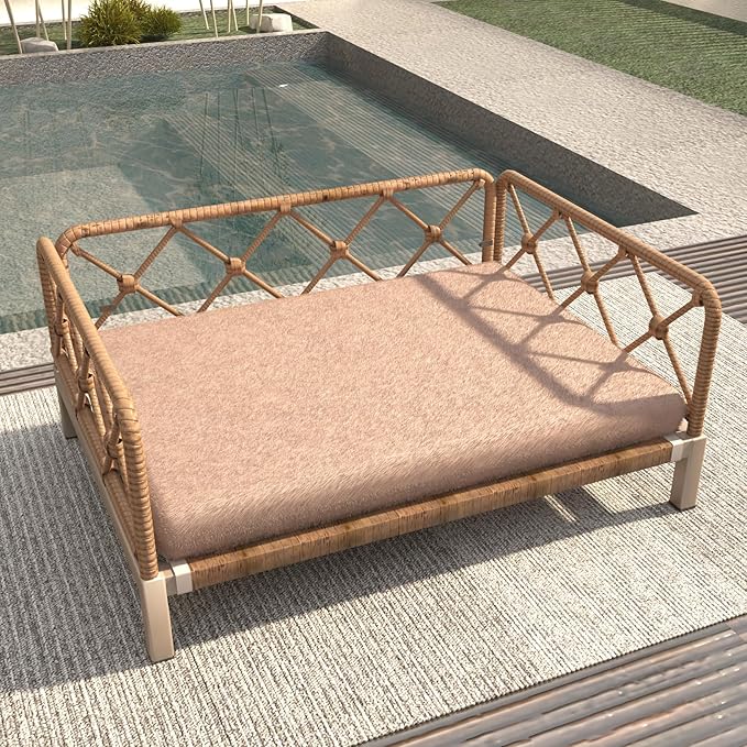 Elevated Waterproof Dog Beds for Large Dogs with Egg Crate Foam Support Pet Bed, Outdoor Dog Sofa Bed PE Wicker Orthopedic Pet Couch Bed with Washable Removable Cushion