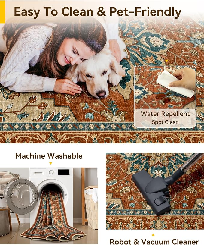 RELEANY Area Rugs 6'x8' Washable Non-Slip, Floral Vintage Distress Medallion