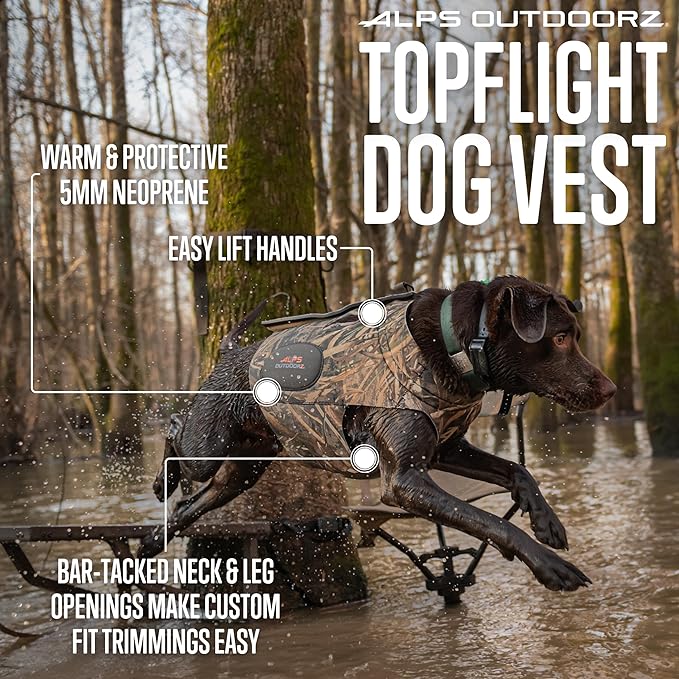 ALPS OutdoorZ Topflight Dog Vest, Dog Hunting Vest with 5mm Neoprene for Warmth, Contoured Neck Design, Buoyancy Flotation Pads, Easy Lift Handles, and Leash Clip, X-Large - Realtree MAX-7