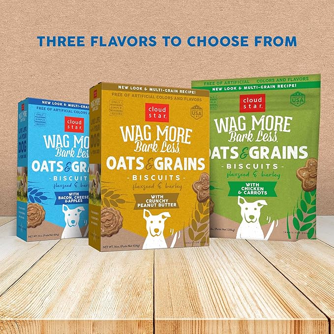 Cloud Star Wag More Bark Less Oats & Grains Crunchy Dog Treats, Bacon, Cheese & Apples, 16 oz. Box