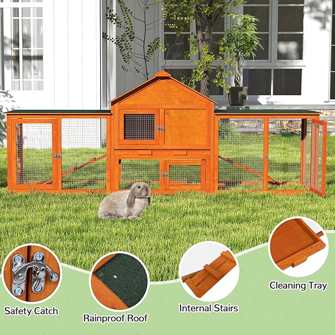 82.5” Large Wooden Rabbit Hutch Outdoor Easy to Assemble Rabbit Cage and Durable Bunny Hutch Indoor with Cleaning Tray & Waterproof Roof for Small and Medium Bunny Rabbit Chick (Orange)