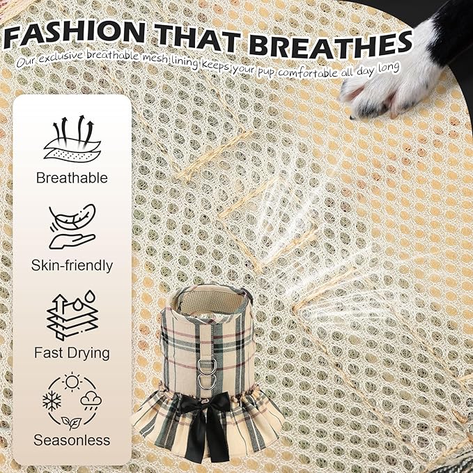 EXPAWLORER Dog Harness Small Medium Sized Dogs, Plaid Dog Dress Bowknot Harness and Leash Set, No Choke No Pull Soft Mesh Vest Cute Princess Puppy Outfits Clothes Costume for Girls Party Cats Beige M