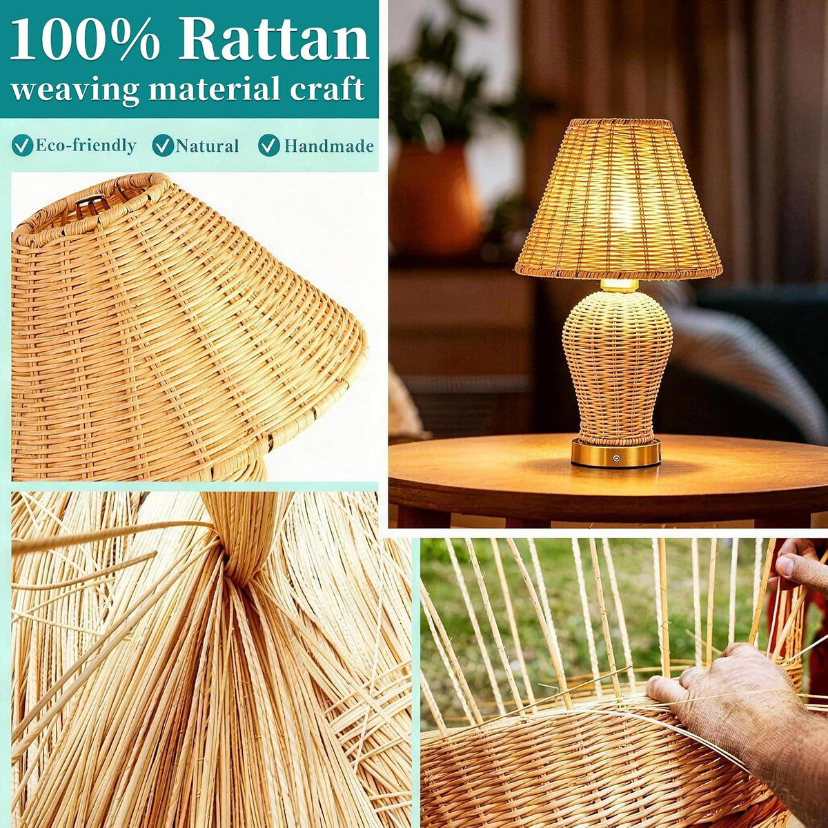 Boho Rattan Rechargeable Cordless Table Lamp, Touch Dimmable Battery Operated Table Light, for Patio Restaurant Kitchen Dining Room (Rattan Lampshade)