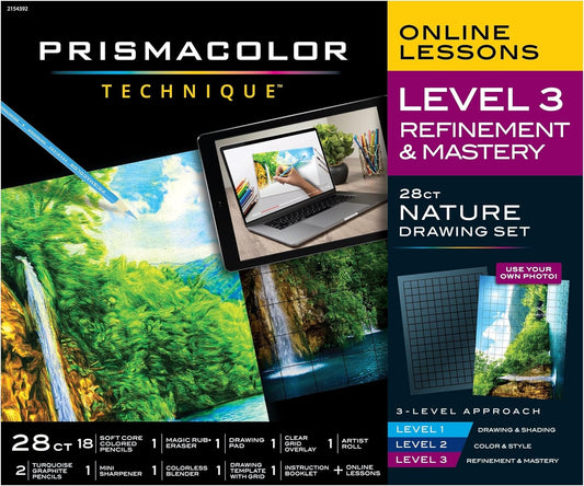Prismacolor Technique, Art Supplies and Digital Art Lessons, Nature Drawing Set, Level 3, Learn to Draw with Colored Pencils, and More, Includes Artist Roll Case, Waterfall Landscape Drawing, 28 Count