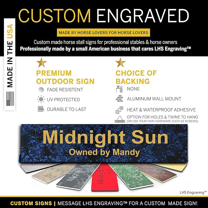 Horse Stall Name Plate, 2x12 Personalized Stall Signs, UV Protected, All Weather Adhesive, Hanging, Mounting or Other, Celestial Blue Plastic Gold Letters - Made in USA - S1