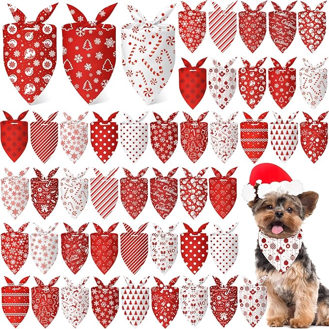 Abbylike 50 Pcs Valentines Day Dog Bandanas Bulk Red and White Polka Dots Stripes Bandanas for Dogs Triangle Kerchief Bibs Scarf for Pet Romantic Costume Photo Props Accessories(19.7 x 13.8 x 13.8)