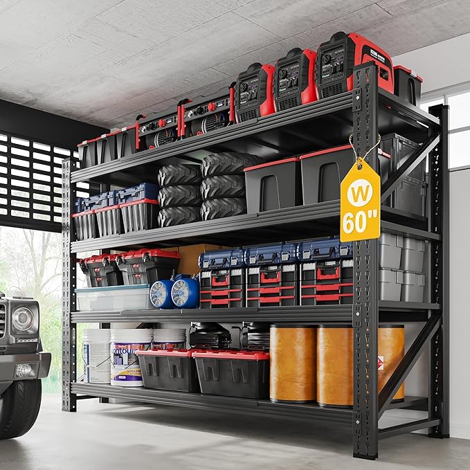 5000LBS Metal Steel Storage Shelves - 60" W Black 4 Tier Heavy Duty Rack Commercial Industrial Shelving with Adjustable Shelf for Basement Garage Warehouse - 60" W x 24" D x 70" H