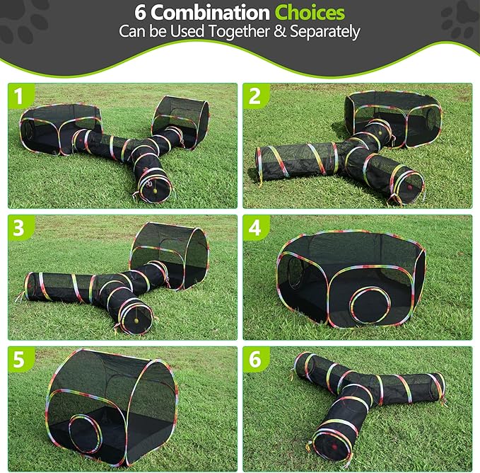 Outdoor Cat Enclosure with Cat Tunnel, Tent, Playhouse and Cat Toy Ball with Bell - Portable Indoor/Outdoor Playpen for Small Cats & Animals