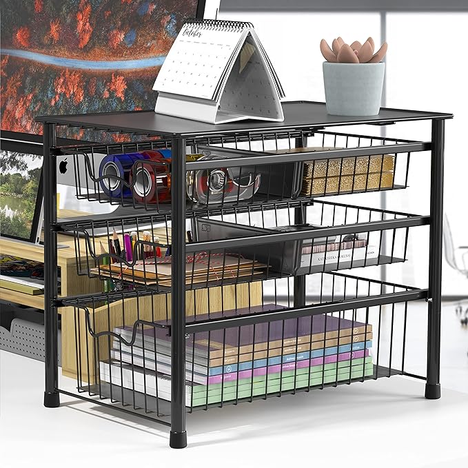 Simple Houseware 3-Tier Stackable Sliding Basket Storage Organizer Drawer for Bathroom and Kitchen, Black