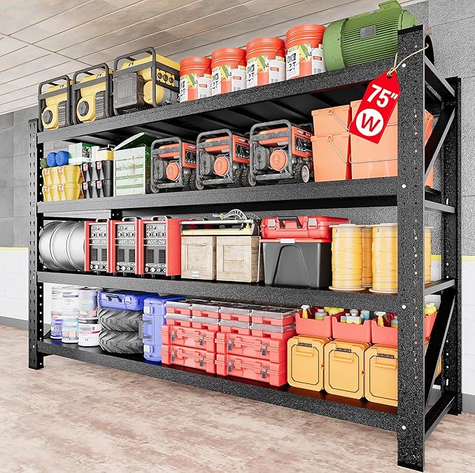9000LBS Heavy Duty Garage Shelving Units,75" Wide & Deep Storage Shelves,Metal Garage Shelves,Large Storage Rack,Steel Shelf,Industrial Shelving for Shop,Warehouse,Basement,75" W x 24" D x 70" H