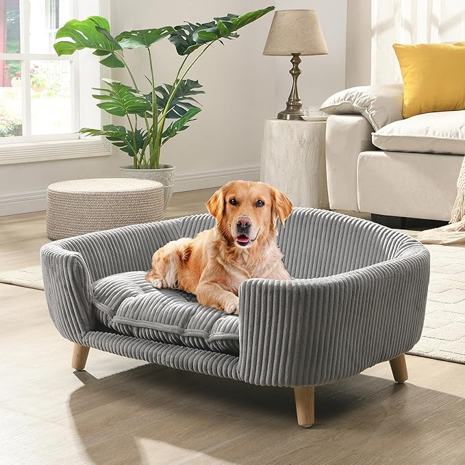 30''inch Bed Frame for Large Dogs, Modern Pet Sofa, Elevated Dog Couch Bed with Wooden Legs, Oval Small Dog Bed, Cozy Tufted Cushion Pet Furniture (Grey)