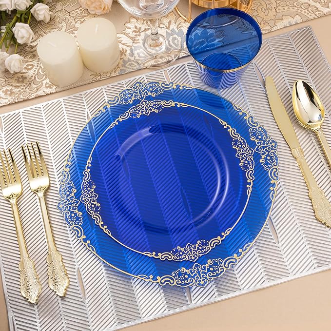 350PCS Clear Blue Plastic Plates for 50 Guests, Disposable Plates with Gold Trim include 50 Dinner and Dessert Plates, 150 Gold Silverware, 50 Cups, 50 Napkins for Party, Wedding & Graduation