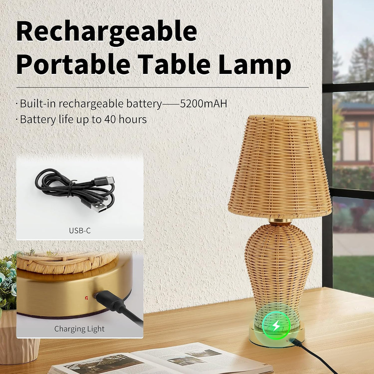 Boho Rattan Rechargeable Cordless Table Lamp, Touch Dimmable Battery Operated Table Light, for Patio Restaurant Kitchen Dining Room (Rattan Lampshade)