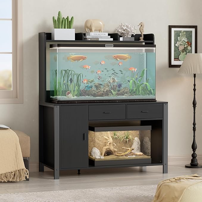PAKASEPT 120 Gallon Reptile Tank Stand with LED Lights & Power Outlet,4x2x2 Large Reptile Terrarium Enclosure Stand with Storage Cabinet, for Bearded Dragons, Snakes, Lizards,Black